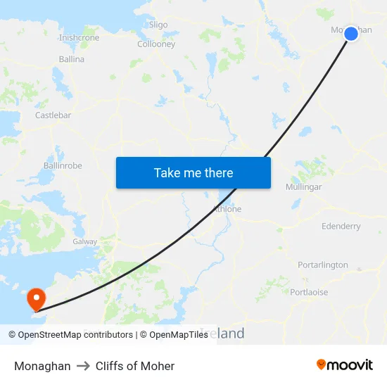 Monaghan to Cliffs of Moher map