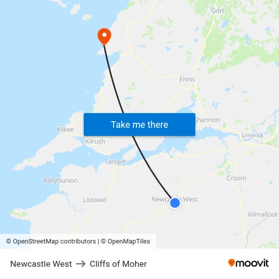 Newcastle West to Cliffs of Moher map