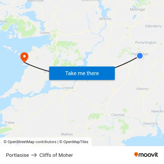 Portlaoise to Cliffs of Moher map