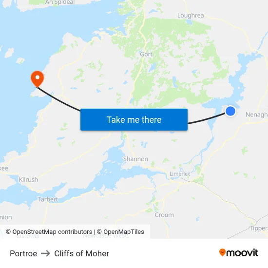 Portroe to Cliffs of Moher map