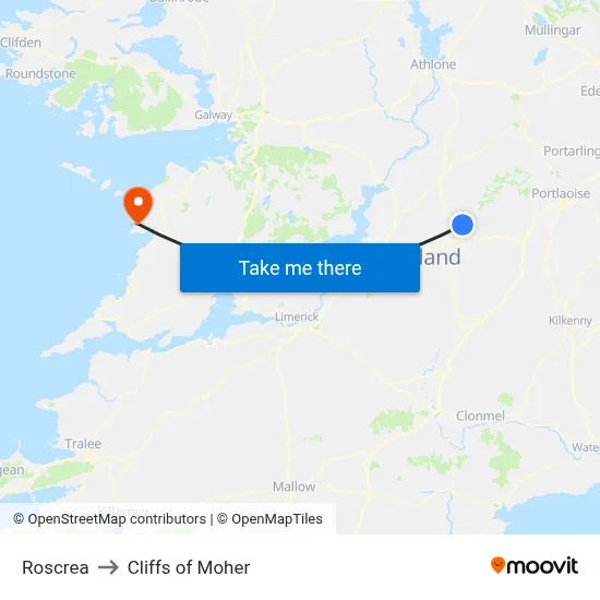 Roscrea to Cliffs of Moher map