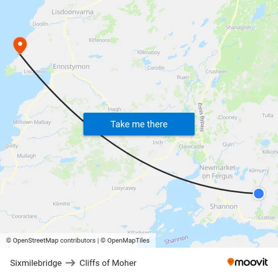 Sixmilebridge to Cliffs of Moher map