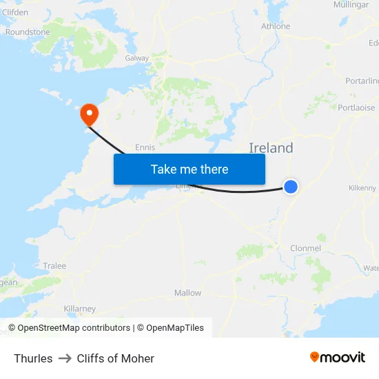 Thurles to Cliffs of Moher map