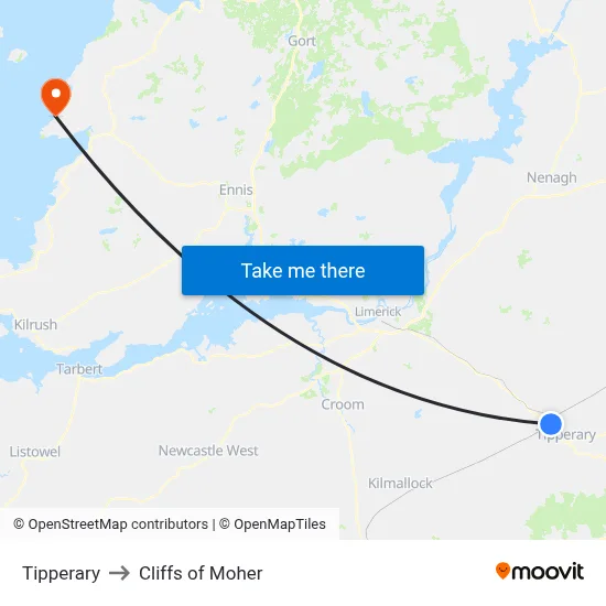 Tipperary to Cliffs of Moher map
