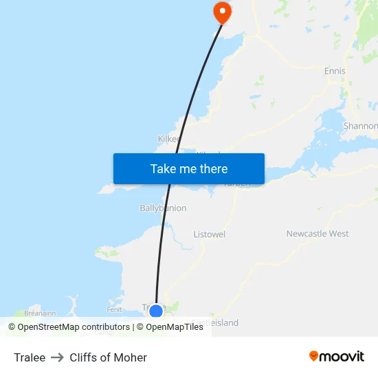 Tralee to Cliffs of Moher map