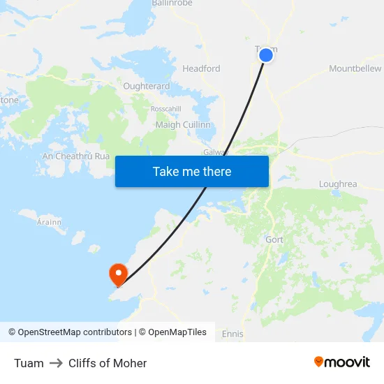 Tuam to Cliffs of Moher map