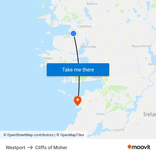 Westport to Cliffs of Moher map