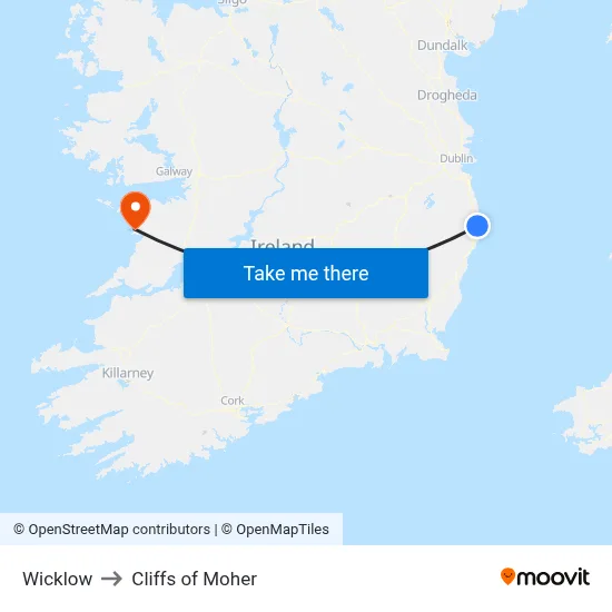 Wicklow to Cliffs of Moher map