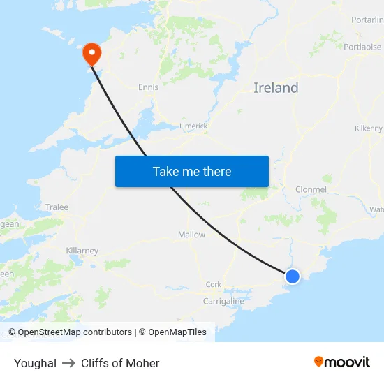 Youghal to Cliffs of Moher map