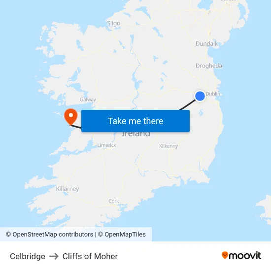 Celbridge to Cliffs of Moher map
