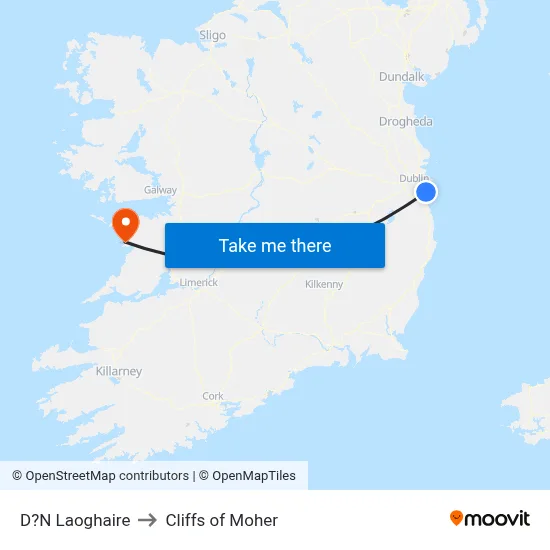 D?N Laoghaire to Cliffs of Moher map