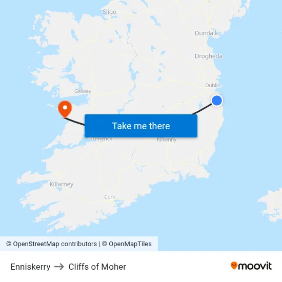 Enniskerry to Cliffs of Moher map