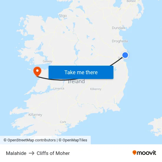 Malahide to Cliffs of Moher map