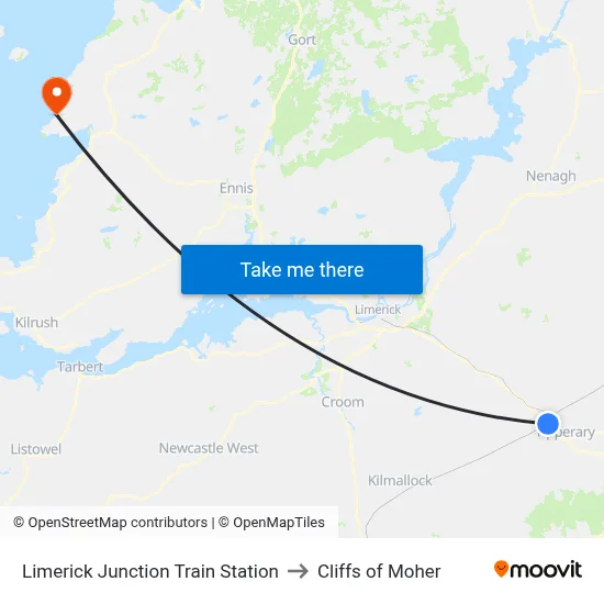 Limerick Junction Train Station to Cliffs of Moher map