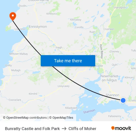 Bunratty Castle and Folk Park to Cliffs of Moher map