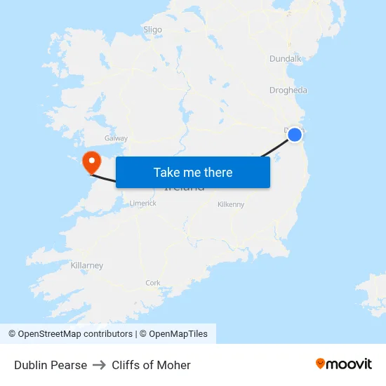 Dublin Pearse to Cliffs of Moher map