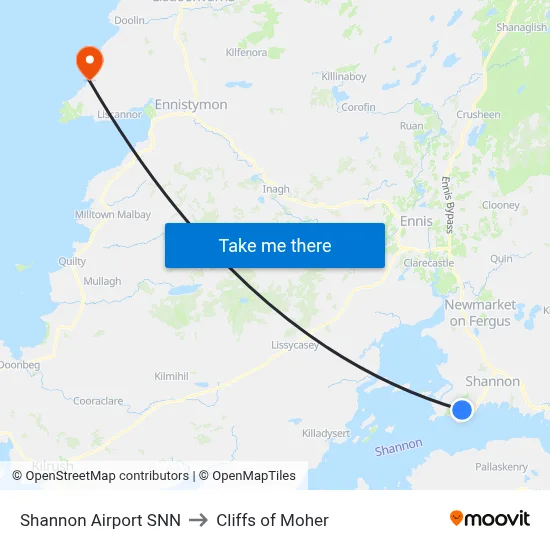 Shannon Airport SNN to Cliffs of Moher map