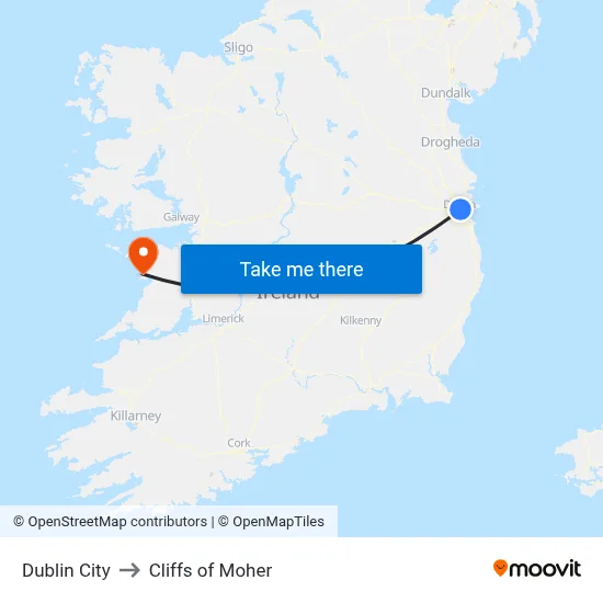 Dublin City to Cliffs of Moher map