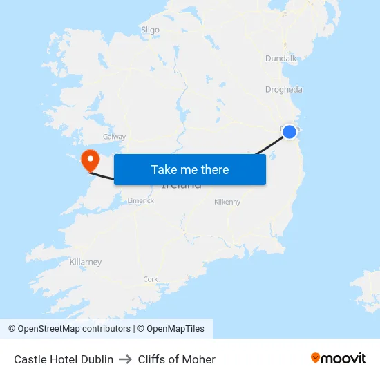 Castle Hotel Dublin to Cliffs of Moher map