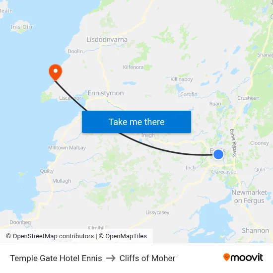 Temple Gate Hotel Ennis to Cliffs of Moher map