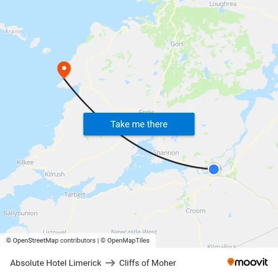 Absolute Hotel Limerick to Cliffs of Moher map