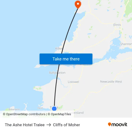 The Ashe Hotel Tralee to Cliffs of Moher map