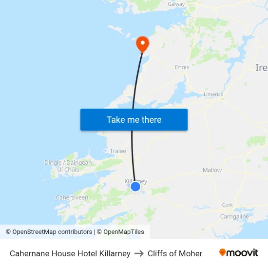 Cahernane House Hotel Killarney to Cliffs of Moher map
