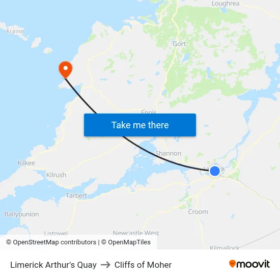 Limerick Arthur's Quay to Cliffs of Moher map
