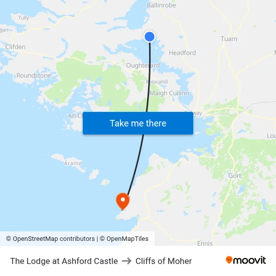 The Lodge at Ashford Castle to Cliffs of Moher map