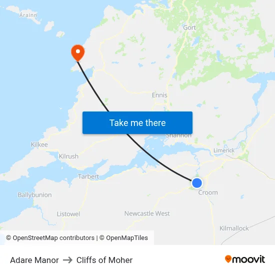 Adare Manor to Cliffs of Moher map