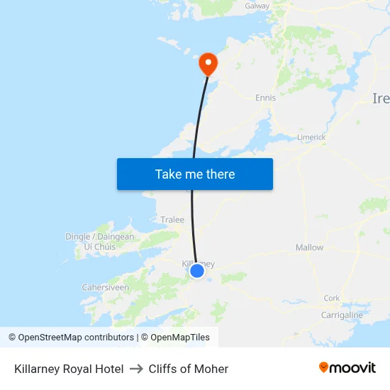 Killarney Royal Hotel to Cliffs of Moher map
