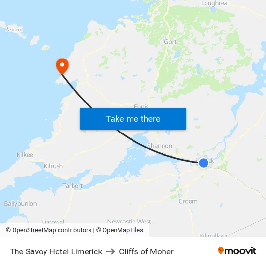 The Savoy Hotel Limerick to Cliffs of Moher map