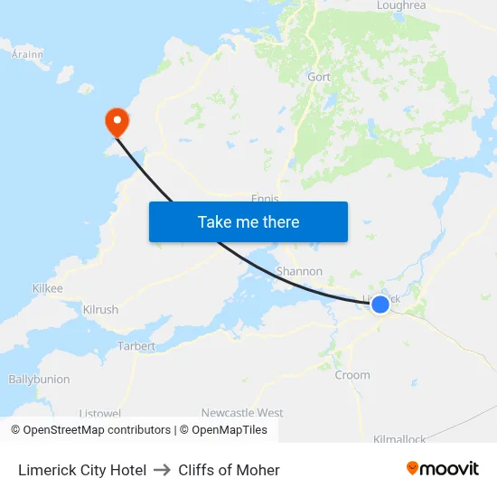 Limerick City Hotel to Cliffs of Moher map