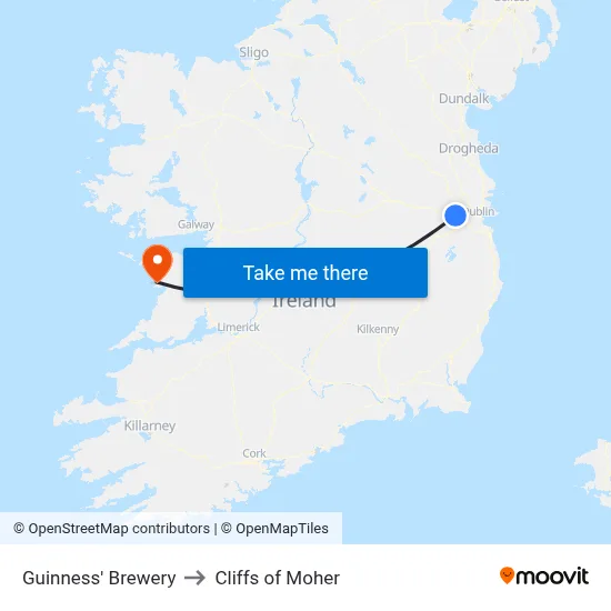 Guinness' Brewery to Cliffs of Moher map