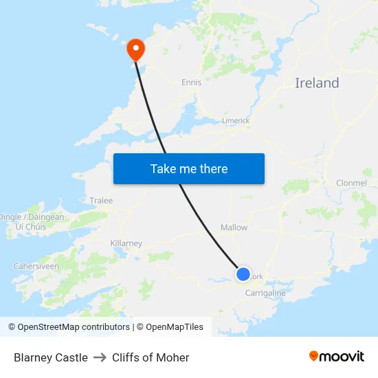 Blarney Castle to Cliffs of Moher map