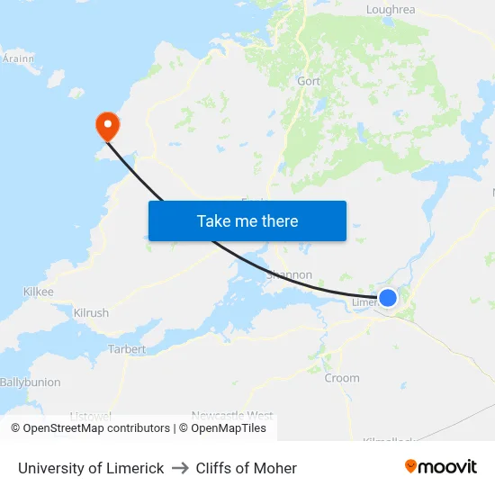 University of Limerick to Cliffs of Moher map