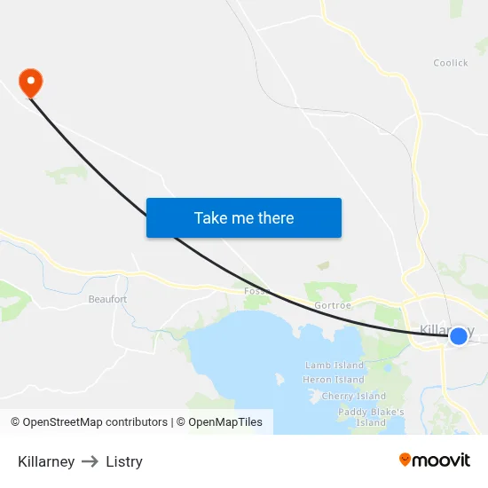 Killarney to Listry map
