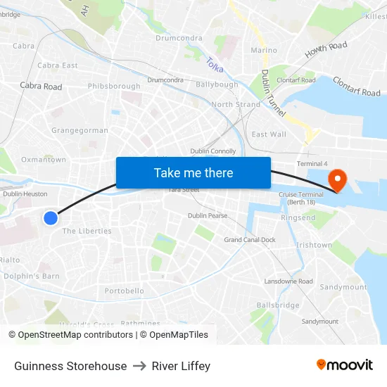 Guinness Storehouse to River Liffey map