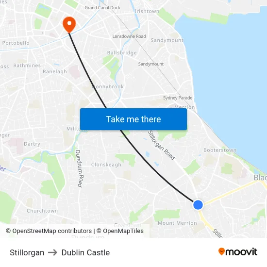 Stillorgan to Dublin Castle map
