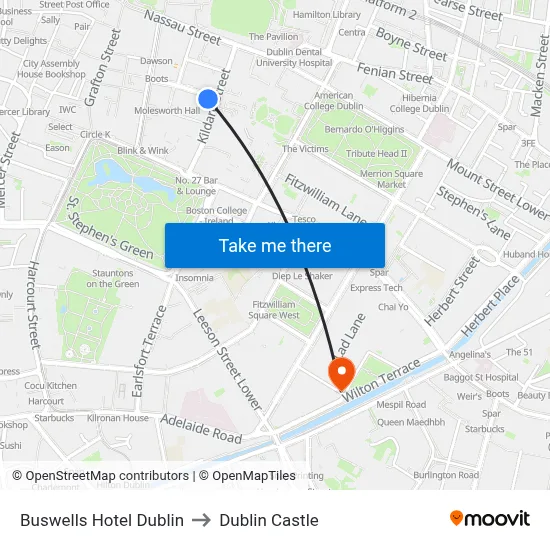 Buswells Hotel Dublin to Dublin Castle map
