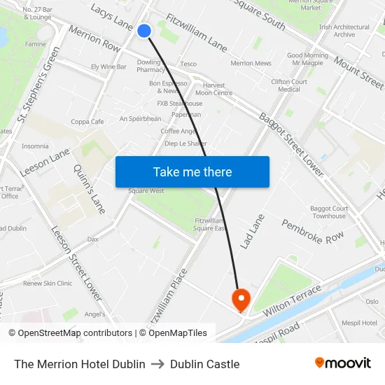 The Merrion Hotel Dublin to Dublin Castle map