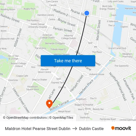 Maldron Hotel Pearse Street Dublin to Dublin Castle map