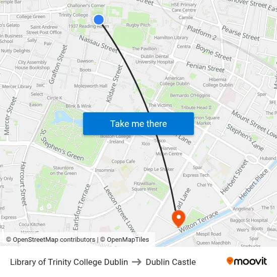 Library of Trinity College Dublin to Dublin Castle map