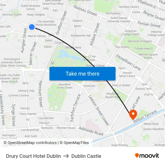 Drury Court Hotel Dublin to Dublin Castle map