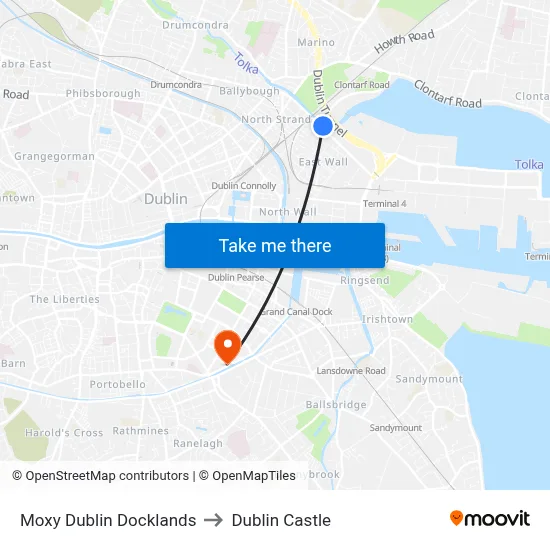 Moxy Dublin Docklands to Dublin Castle map