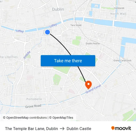 The Temple Bar Lane, Dublin to Dublin Castle map