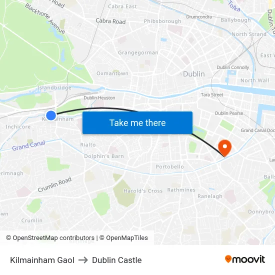 Kilmainham Gaol to Dublin Castle map