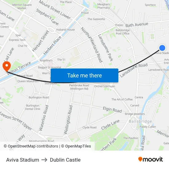 Aviva Stadium to Dublin Castle map