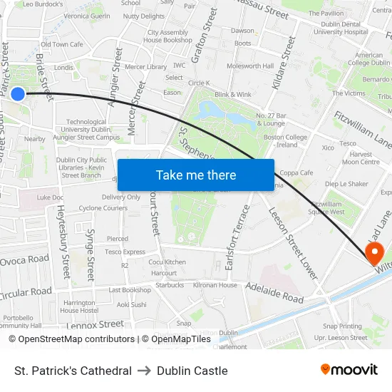 St. Patrick's Cathedral to Dublin Castle map
