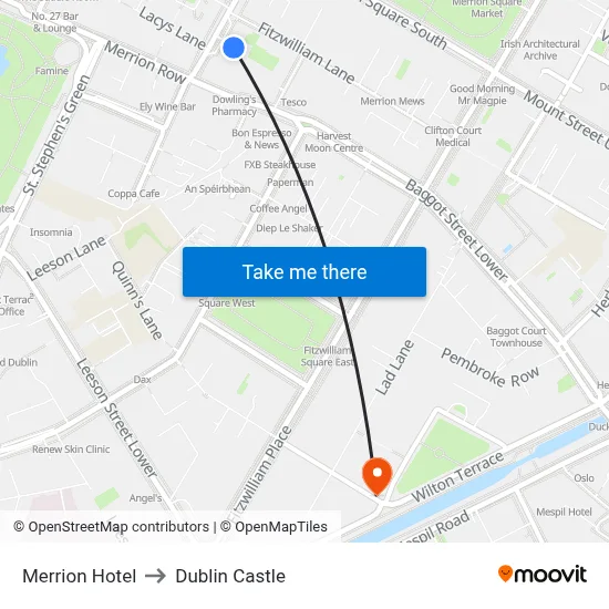 Merrion Hotel to Dublin Castle map